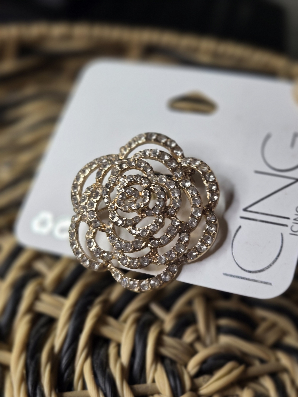 Rhinestone Rose Brooch Gold Tone Clear Crystal Flower Statement Pin NWT